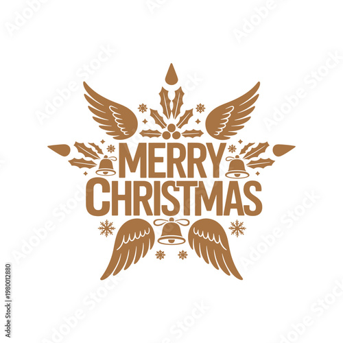 Merry Christmas Vector Illustration with Wings Bells and Snowflakes