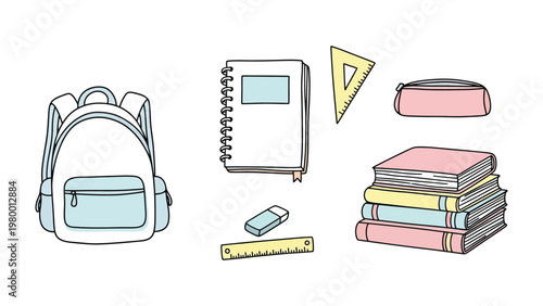 Back to School Essentials: A collection of essential school supplies, including a backpack, notebook, eraser, ruler, triangle, pencil case, and books, arranged in a visually appealing composition.