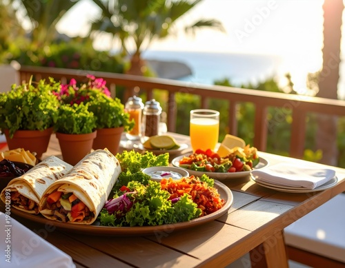 Delicious outdoor breakfast scene with fresh salads sandwiches and juice on a sunny balcony overlooking ocean and garden with potted plants and blooming flowers