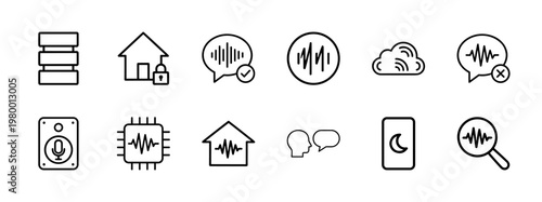 Minimalist voice recognition and biometric security outline icons