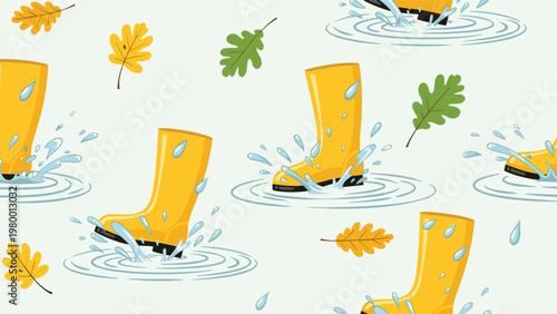 Autumn seamless pattern featuring yellow rain boots splashing in water puddles and falling oak leaves on a gray day.