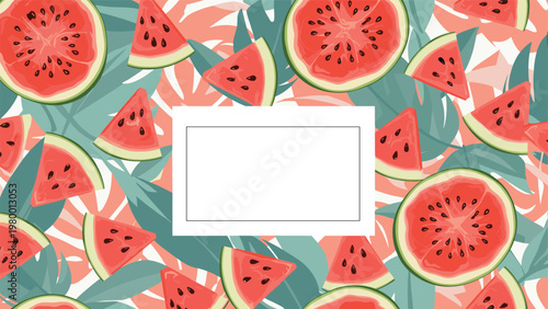 Summer background with whole and sliced watermelons among tropical leaves around a white rectangular frame for text copy.