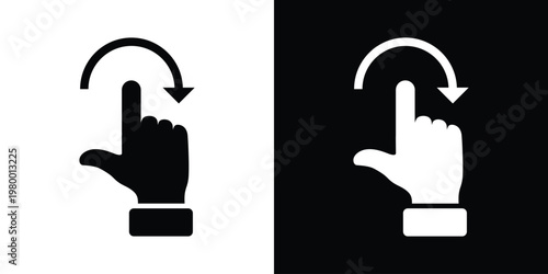 Black and white mirrored hand icon with downward curved arrow above finger, symbolizing scroll or rotate gesture. Clean vector style for UI, app design, and digital interaction concepts.