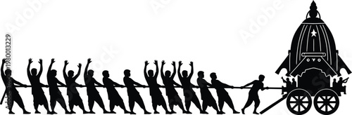 Group of people pulling a traditional Indian chariot with one person sitting inside  cultural festival event