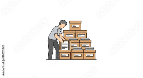 Man Moving Stack of Cardboard Boxes.