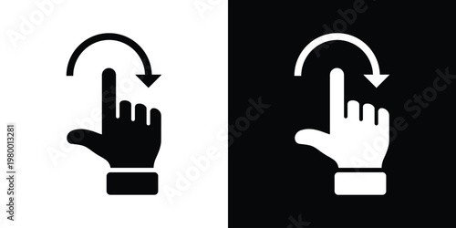 Black and white mirrored hand icon with downward curved arrow above finger, symbolizing scroll or rotate gesture. Clean vector style for UI, app design, and digital interaction concepts.
