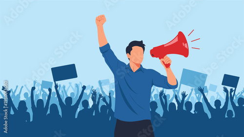 Angry man shouts into a red megaphone during a public protest with a silhouette of a crowd holding signs in the background.