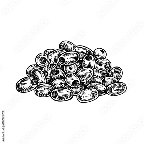A handful of pitted olives. Black and white graphic vector illustration drawn by hand. Isolate. Perfect for labels, prints, and decor, as well as packaging, banners, posters, and more.