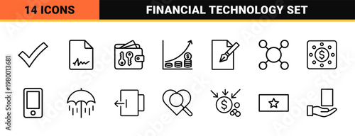 Fintech and digital banking line icon set