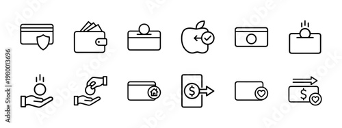Digital wallet and banking outline icon set for financial app interface.