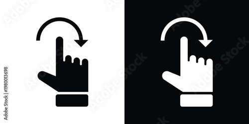 Black and white mirrored hand icon with downward curved arrow above finger, symbolizing scroll or rotate gesture. Clean vector style for UI, app design, and digital interaction concepts.