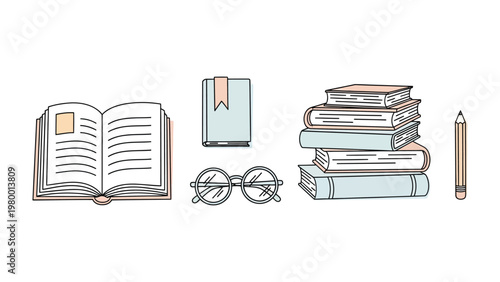 Reading Essentials: A collection of educational elements, including an open book, a stack of volumes, spectacles, and a graphite pencil.