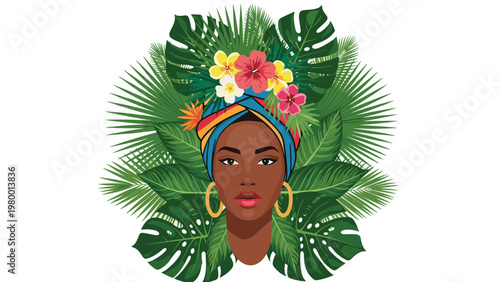 Portrait of a beautiful African woman wearing a colorful headscarf and flower crown surrounded by vibrant tropical foliage.