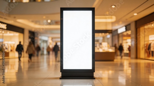 Blank vertical digital billboard mockup in modern shopping mall interior with blurred crowd background