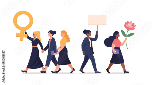 Group of diverse women march together for equality and rights while carrying a female symbol, a blank sign, and a flower.