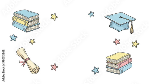 Graduation Academic Elements: Illustrative depiction of academia, books, graduation cap, diploma, and star symbols, representing learning, achievement, and educational success.