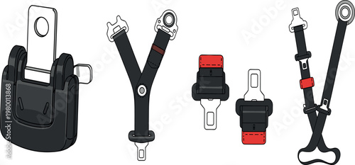 Seat belt and safety restraint system set with buckles straps and anchors vector illustration automotive protection equipment isolated