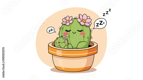 Cute cactus family with a mother and baby cactus sleeping peacefully in a pot with flowers on their heads and zzz icons.