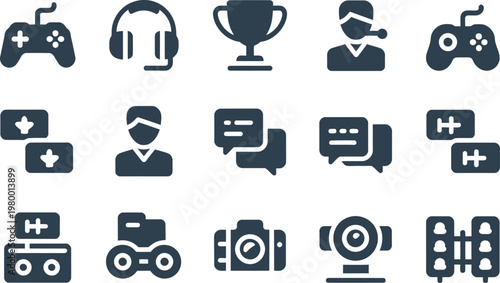Set of gaming and esports icons featuring controllers headsets player avatars and communication chat symbols