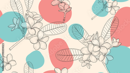 Artistic seamless pattern combines plumeria flower line art with colorful blue and coral abstract shapes on a beige ground.