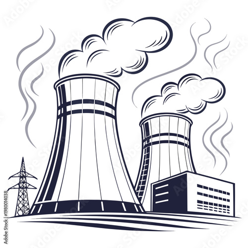 A nuclear power plant with two cooling towers emitting smoke and steam on a with an electrical tower