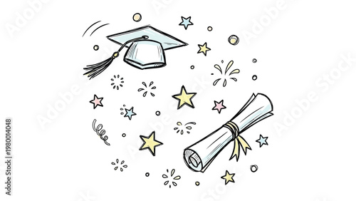 Graduation: A whimsical illustration captures the essence of graduation, featuring a mortarboard, a rolled diploma, and celebratory stars.
