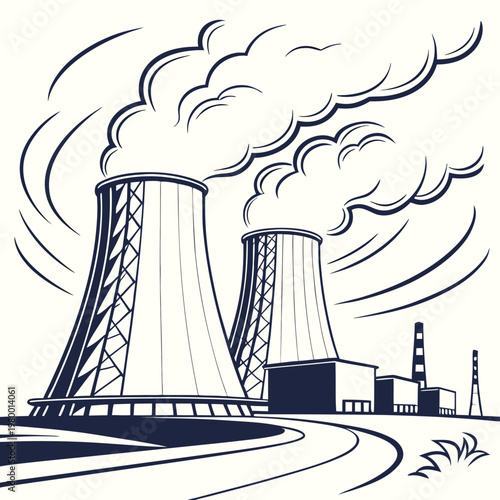 Illustration of a nuclear power plant with cooling towers emitting steam