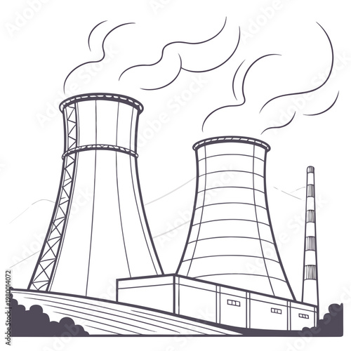 A black and white illustration of a nuclear power plant with two cooling towers emitting steam