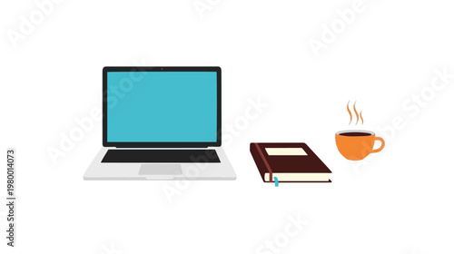 Minimal Laptop Workspace with Desk Coffee Cup and Books Modern Office Illustration