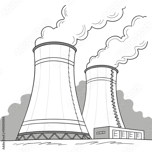 A black and white illustration of two nuclear power plant cooling towers with smoke emitting from the top