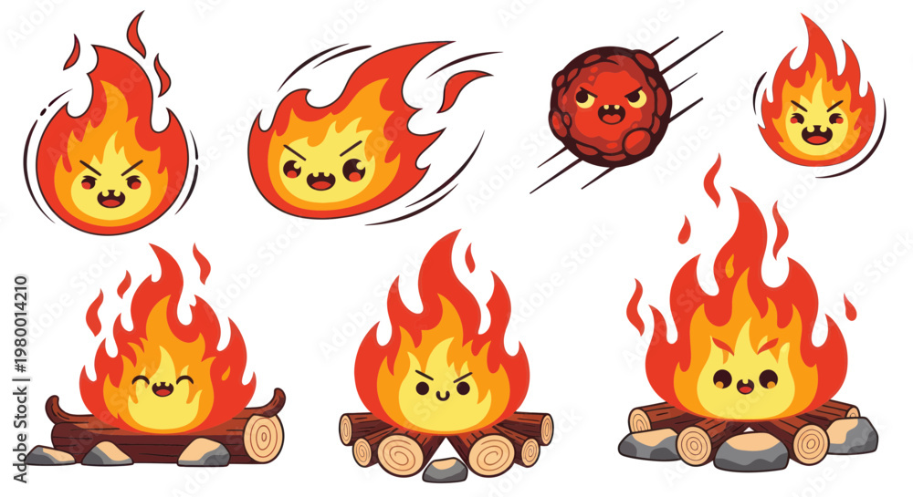 Fototapeta premium Cute Kawaii Fire Characters Collection: Flames, Campfires, Meteor