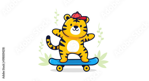 Cute cartoon tiger riding a skateboard with a red cap and plants