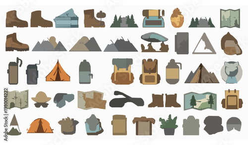 Flat cartoon travel and adventure set with hiking backpacking and summer vacation decorative elements vector illustration