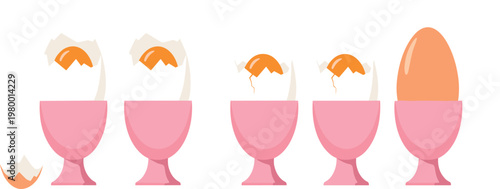 Soft boiled egg in egg cup sequence with cracked shell stages flat vector illustration breakfast food isolated background