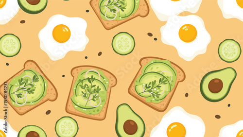 Healthy breakfast seamless pattern shows avocado toast with greens, fried eggs, and cucumber slices on a yellow background.