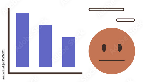 Business performance, emotional reactions, statistics, analytics decline, financial troubles, problem-solving. Bar graph with downward trend and neutral face. Business challenges and emotional