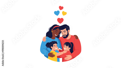 Happy multiethnic family with parents and two young daughters share a warm hug with colorful hearts floating above them.