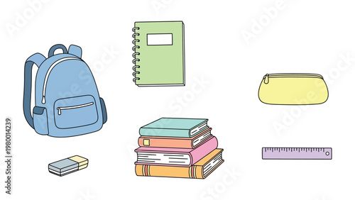 School Essentials: An array of school essentials, including a backpack, notebook, pencil case, eraser, stacked books, and ruler, are neatly arranged, perfect for educational pursuits. 