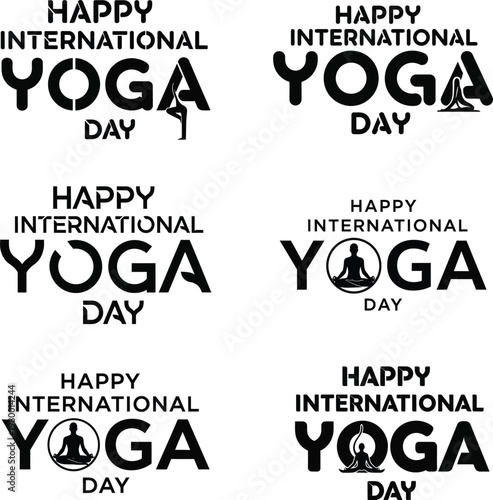 International Yoga Day celebration logo set with various yoga poses and text on white background