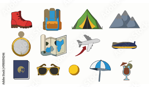 Adventure travel and summer vacation elements set with hiking backpacking and tourism icons in flat cartoon vector style