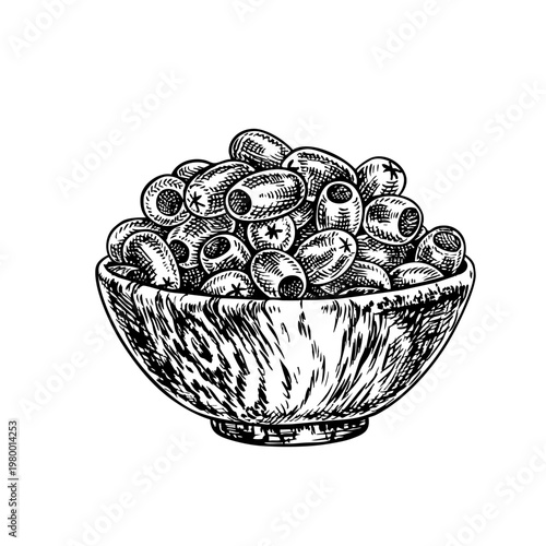 A handful of pitted olives in a wooden cup. Black and white graphic vector illustration drawn by hand. Isolate. Perfect for creating labels, prints, as well as packaging, banners, posters, and more.