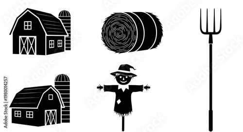 Farm Icons: Barns, Hay Bale, Scarecrow, Pitchfork - Rural Agriculture Symbols