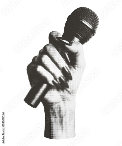 Female hand holding a microphone for singing - retro halftone paper cutout element. Trendy vintage collage design asset for live music, karaoke, or vocal performance.