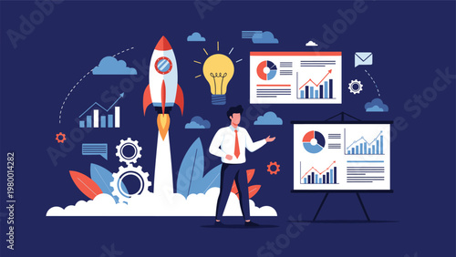 Successful entrepreneur presents data charts and business growth strategies with a launching rocket and a glowing lightbulb.