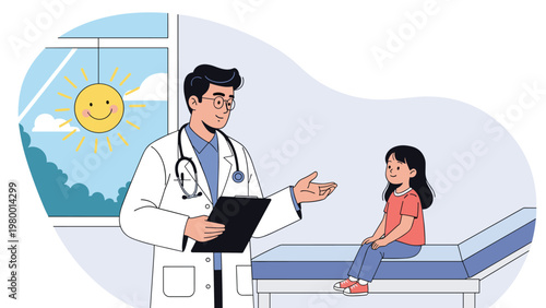 Kind male pediatrician in a white coat talks to a small girl sitting on a medical bed during a checkup in a bright office.