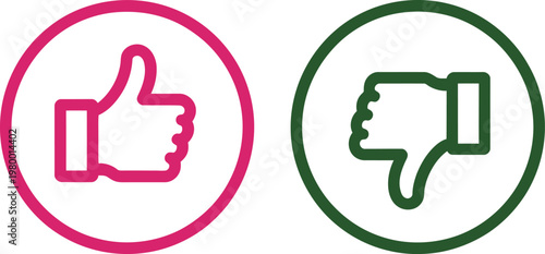 Pink thumbs up and dark green thumbs down icons representing feedback and social media review choices