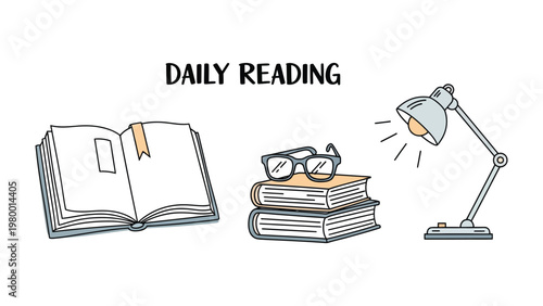 Daily Reading Setup: An inviting illustration showcases an open book, glasses atop stacked books, and a desk lamp, perfect for a cozy reading experience.