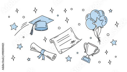 Academic Celebration: An illustration showcases a graduation cap, diploma, trophy and balloons, symbolizing academic achievements and celebrating success.