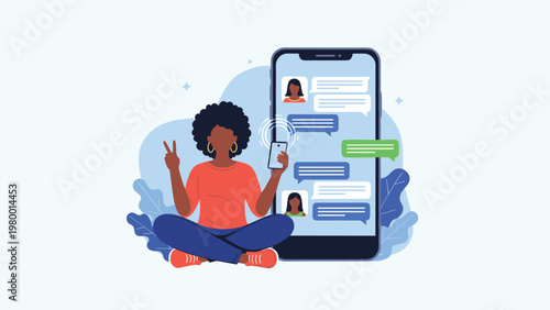 Young African American woman sitting in a lotus position and using her smartphone to chat on a large mobile phone screen background.