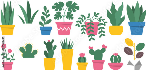 Pot plants collection with tropical leaves, trees, succulents and cactus, urban jungle home garden in cartoon houseplant vector set